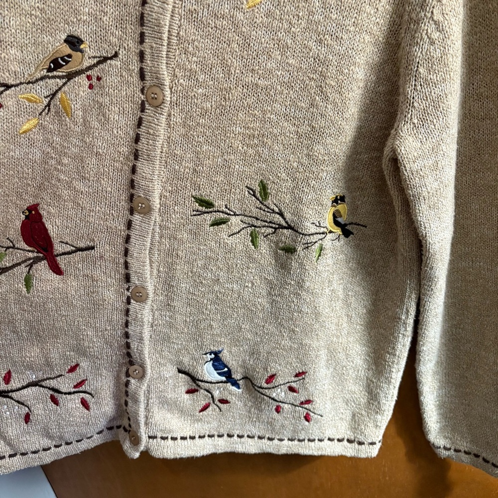 VINTAGE Embroidered Bird Oatmeal Button Down Cardigan Sweater 1X Slouchy Artsy - Picture 10 of 14
